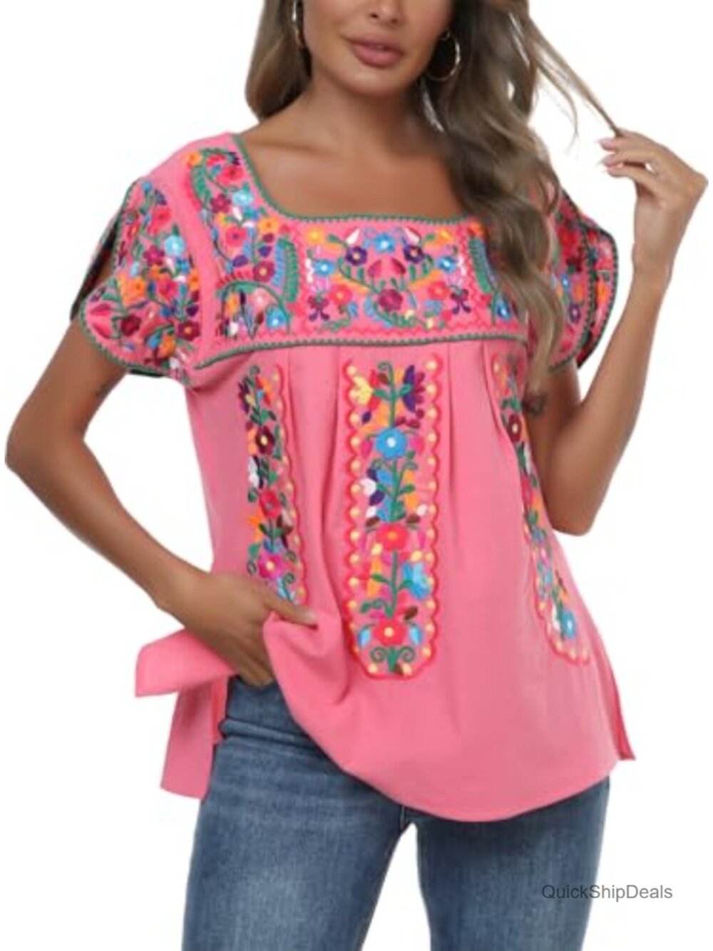 100% Cotton Embroidered Peasant Tunic Top Boho Blouse